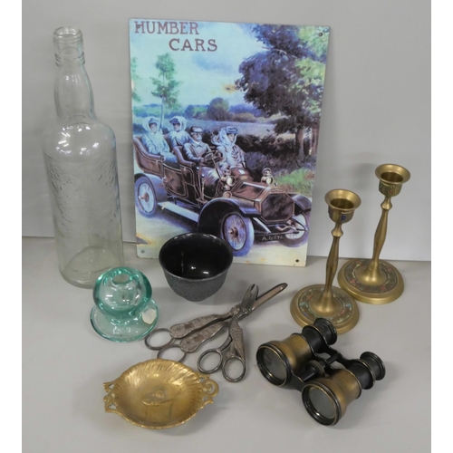 2222 - A pair of opera glasses, pair of brass candlesticks, two candle snuffs, Smirnoff bottle, glass door ... 