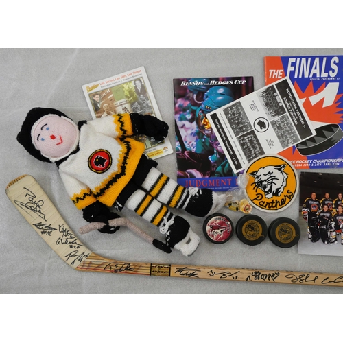 2229 - Nottingham Panthers memorabilia; Paul Adey ice hockey stick, signed, programmes including Benson & H... 