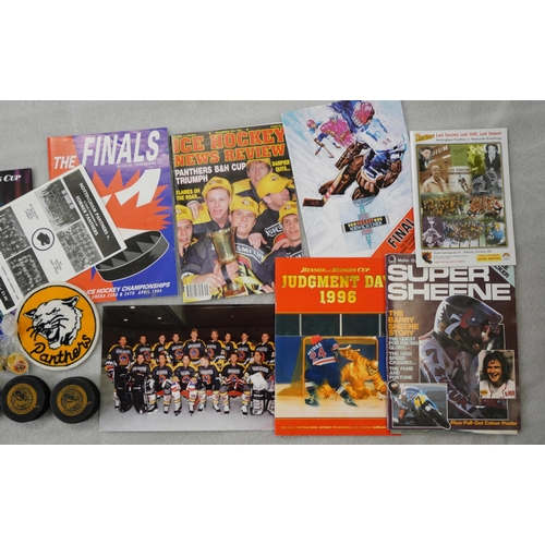 2229 - Nottingham Panthers memorabilia; Paul Adey ice hockey stick, signed, programmes including Benson & H... 