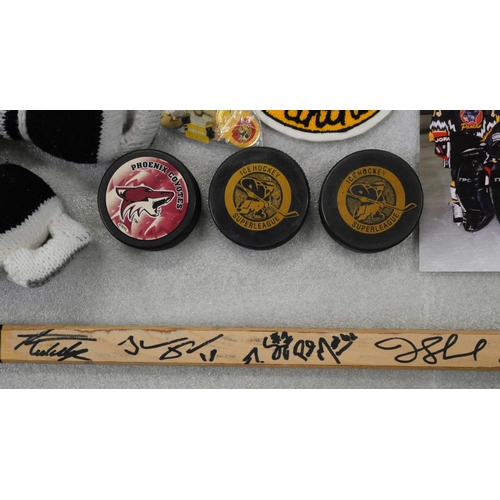 2229 - Nottingham Panthers memorabilia; Paul Adey ice hockey stick, signed, programmes including Benson & H... 