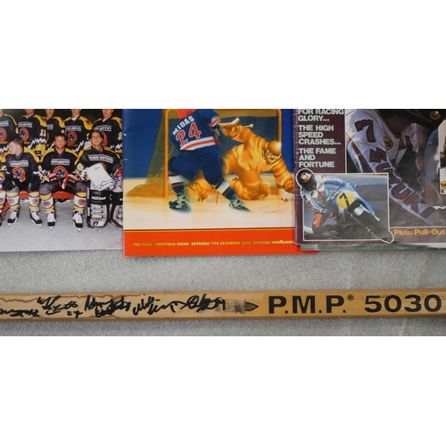 2229 - Nottingham Panthers memorabilia; Paul Adey ice hockey stick, signed, programmes including Benson & H... 