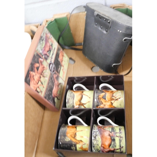 2247 - Five boxes of china including Royal Worcester Evesham and a pair of Boots binoculars