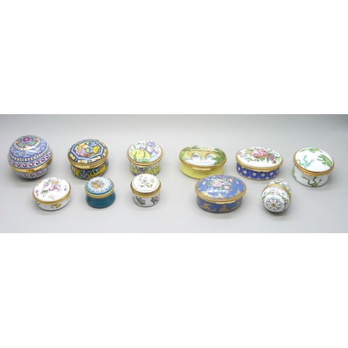 2304 - Eleven enamel boxes; five Halcyon Days, one Crummles, three Staffordshire Enamels and two others