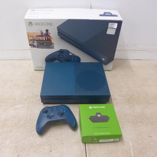 5069A - An Xbox One S limited edition deep blue console with, with 500GB HDD with leads, 1 controller in ori... 