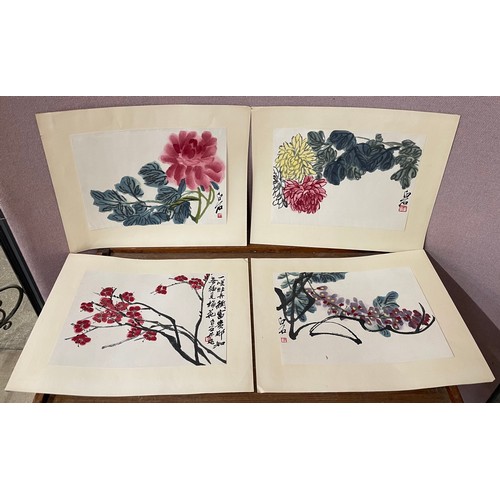 247 - A set of four mid 20th Century Chinese brush paintings, mounted on paper, flower studies, each signe... 