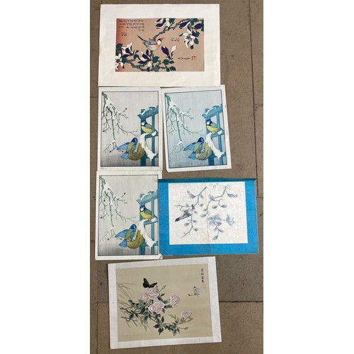 249 - A collection of woodblock prints, three identical of Blue Tits in Snow, Butterflies and Flowers prin... 