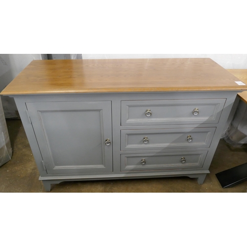 3138 - A grey painted and pine single door, three drawer sideboard