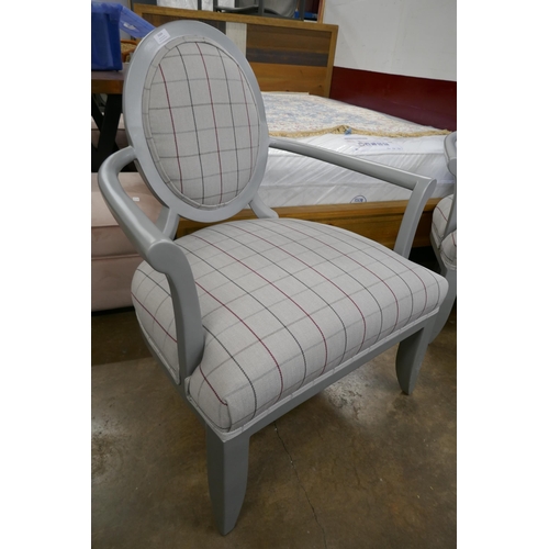 3166 - A grey painted and tartan fabric upholstered carver chair