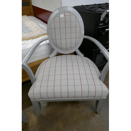 3167 - A grey painted and tartan fabric upholstered carver chair