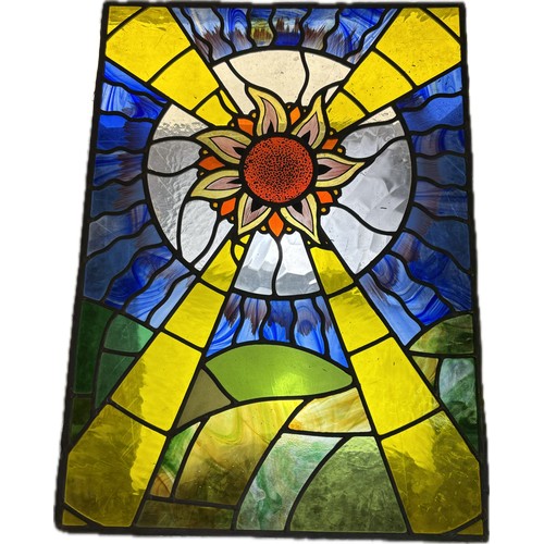 9060 - An Art Deco style leaded stained glass panel, depicting a sunflower over a mountainous landscape 85 ... 