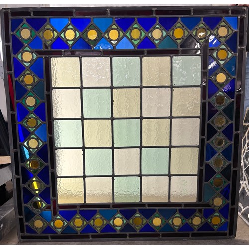 9061 - Four Medieval style leaded stained glass panels, 113 x 79cms, 86 x 86cms, 128 x 80cms