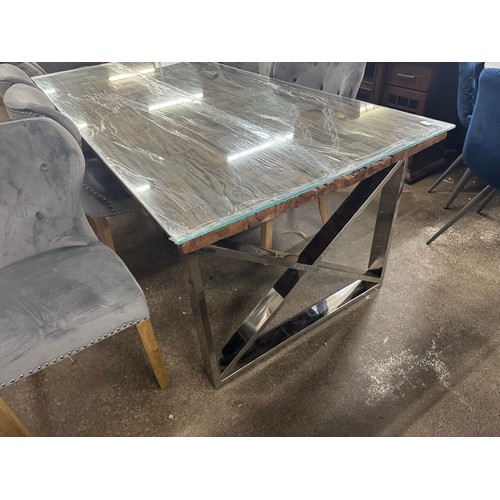 3161 - A Chennai 220cm dining table and six velvet dining chairs *This lot is subject to VAT