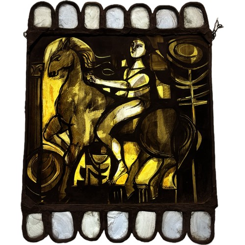 9078 - A contemporary leaded stained glass panel, depicting a woman on horseback, signed H. Salvin, 35 x 28... 