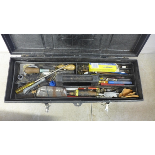 5017 - Three plastic toolboxes containing an assortment of handtools including a good selection of wood tur... 