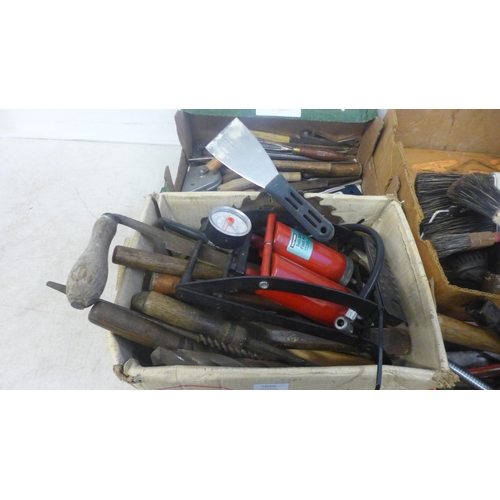 5020 - A large quantity of assorted tools including chisels, hammers, stiff bristled brushes, pasting brush... 