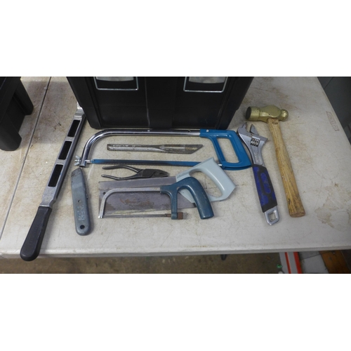 5025 - 5 boxes of various tools including saw, bow saws, safety knife, adjustable wrench, hammer, wire brus... 