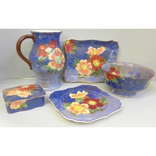 2070 - Royal Doulton Wild Rose pattern china; a jug, bowl, lidded box and two trays