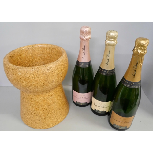 2142 - Three display bottles for Joseph Perrier champagne and a large cork shop display model