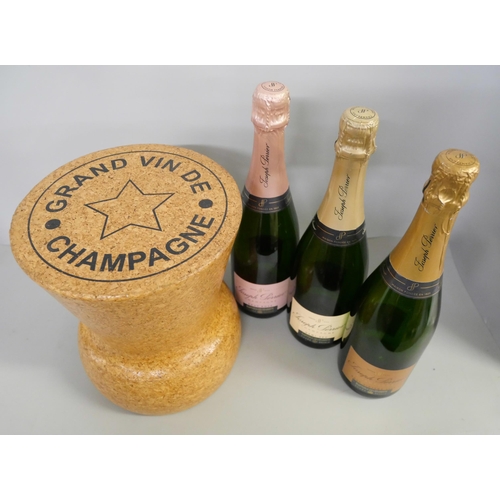 2142 - Three display bottles for Joseph Perrier champagne and a large cork shop display model