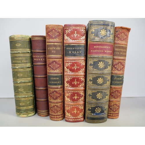 2143 - Six Victorian bindings including 'Cowper's Poetical Works', 1855, Kingsley, Tennyson, Wordsworth, et... 