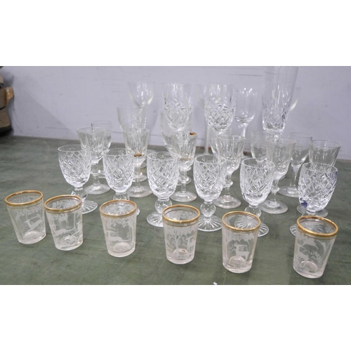 2152 - A set of six Waterford crystal liqueur glasses, other glasses including etched tot glasses, wines wi... 