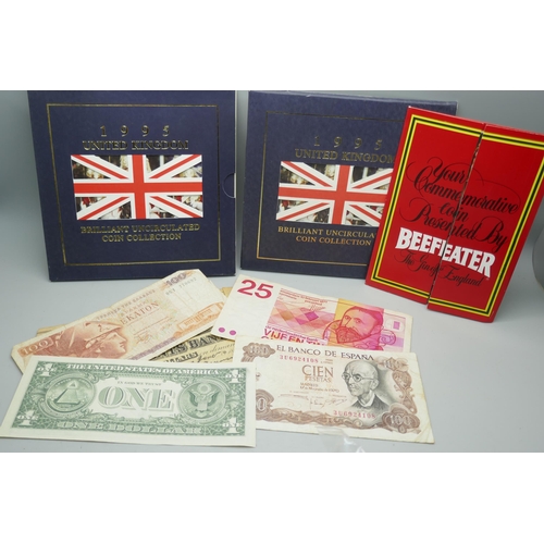 2204 - A collection of coins and bank notes including two 1995 UK brilliant uncirculated coins collection, ... 