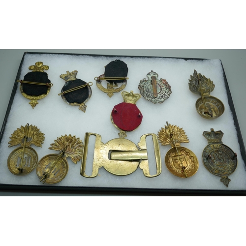 2206 - A collection of military regimental badges, mainly 19th century, also a buckle