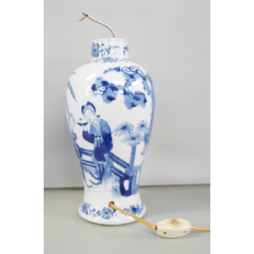 2224 - A Chinese blue and white baluster vase converted to a table lamp, four character mark to base, rim w... 