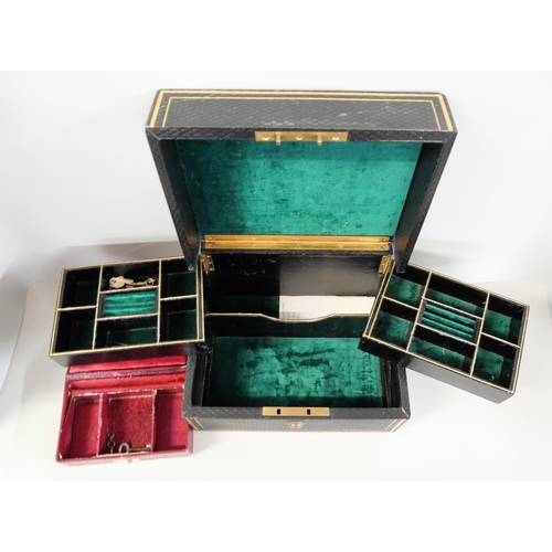 2225 - A leather covered and gilt brass mounted jewellery box with swing out trays and velvet lining, toget... 