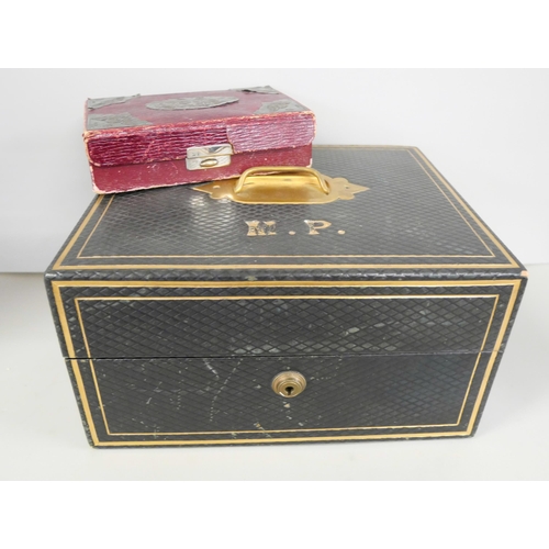 2225 - A leather covered and gilt brass mounted jewellery box with swing out trays and velvet lining, toget... 