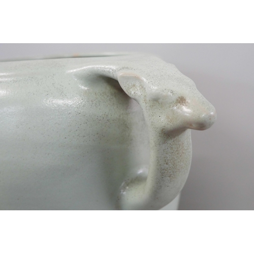 2228 - An Art Deco large celadon green vase with deer handles, 37.5cm