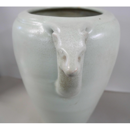 2228 - An Art Deco large celadon green vase with deer handles, 37.5cm