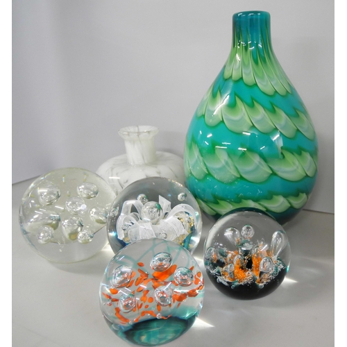 2248 - Four glass paperweights and two Studio glass vases