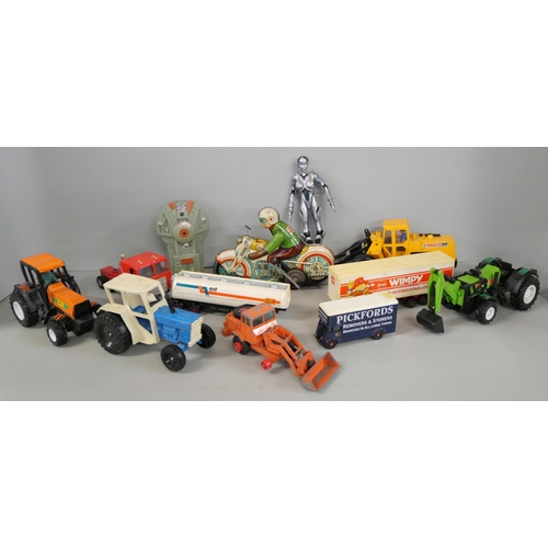 2250 - Model vehicles, etc., Matchbox, die-cast vehicles, a vintage tin-plate clockwork motorcycle and ride... 