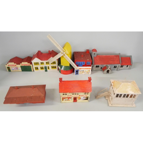 2265 - A collection of model buildings, part built vehicles, ships, box for Airfix Rotodyne and other parts... 