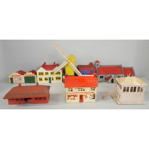 2265 - A collection of model buildings, part built vehicles, ships, box for Airfix Rotodyne and other parts... 