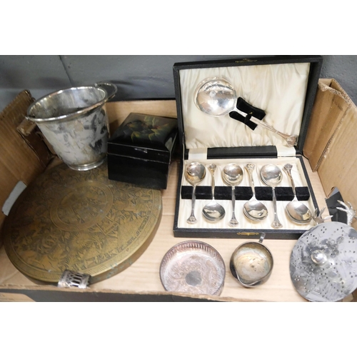 2272 - An Egyptian brass gong, a set of silver plated Art Nouveau pudding spoons, small ice bucket, etc. **... 