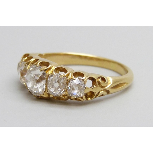 7006 - A yellow metal five stone old cut diamond ring, 3.4g, K, centre stone approximately 0.5ct weight