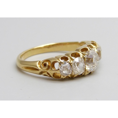 7006 - A yellow metal five stone old cut diamond ring, 3.4g, K, centre stone approximately 0.5ct weight