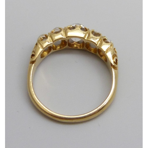 7006 - A yellow metal five stone old cut diamond ring, 3.4g, K, centre stone approximately 0.5ct weight