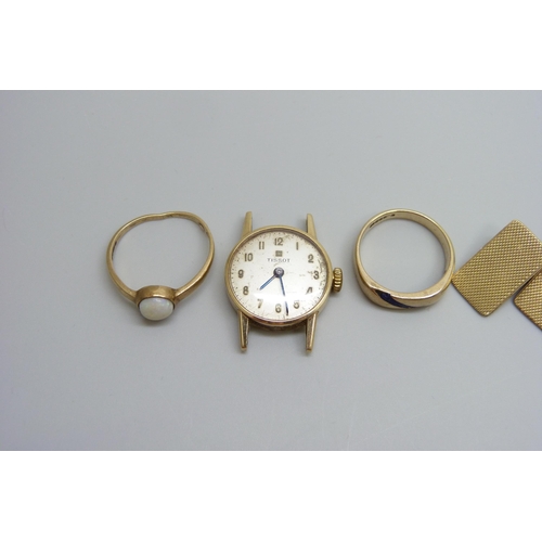 7020 - Two 9ct gold rings, a 9ct gold cased Tissot wristwatch head and a single 9ct gold cufflink, total we... 