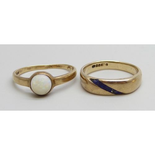 7020 - Two 9ct gold rings, a 9ct gold cased Tissot wristwatch head and a single 9ct gold cufflink, total we... 