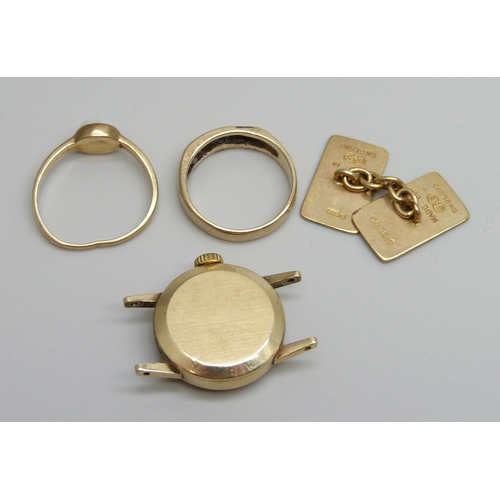 7020 - Two 9ct gold rings, a 9ct gold cased Tissot wristwatch head and a single 9ct gold cufflink, total we... 