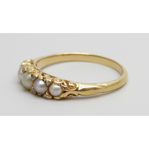 7026 - An 18ct gold ring set with pearls and diamonds, 3.1g, R, lacking one small diamond