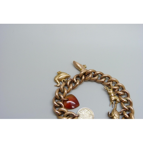 7033 - A 9ct gold curb chain bracelet with six charms, 4 gold, an agate heart and a silver 1906 Canadian 5 ... 