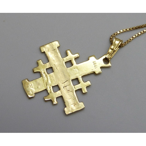 7082 - An 18ct gold Jerusalem cross pendant on a fine 18ct gold box link chain, 3.3g, chain 50cm