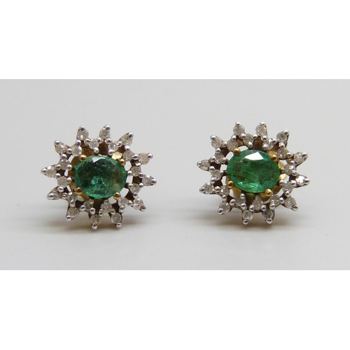 7083 - A pair of 9ct gold, emerald and diamond cluster earrings, 2g, 9mm x 11mm