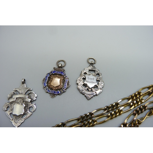 7132 - Three silver fobs, 26g, and gold plated Albert