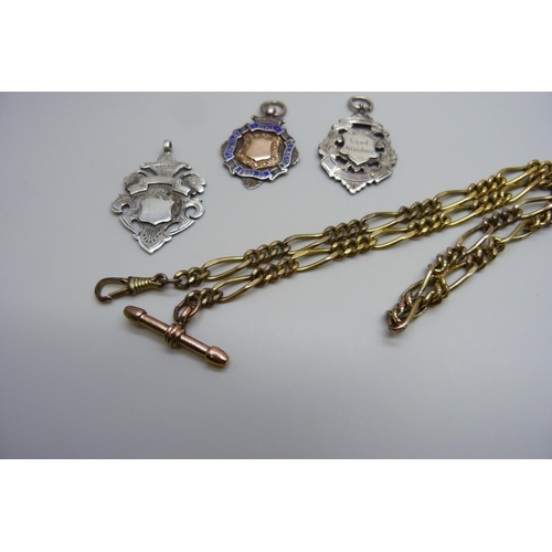 7132 - Three silver fobs, 26g, and gold plated Albert