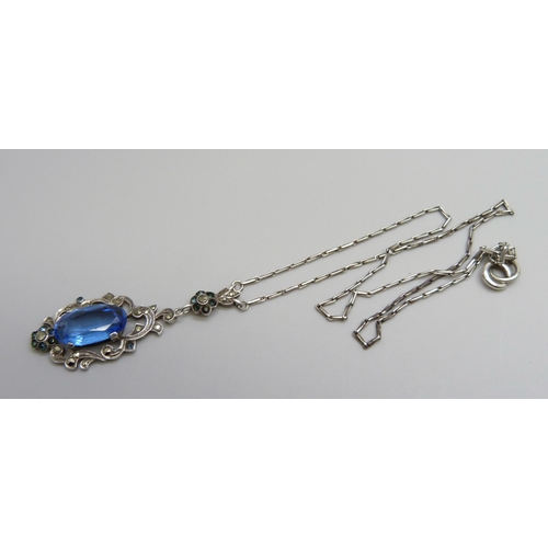 7135 - A silver Art Deco blue stone and marcasite drop pendant necklace, 10g, 5cm drop